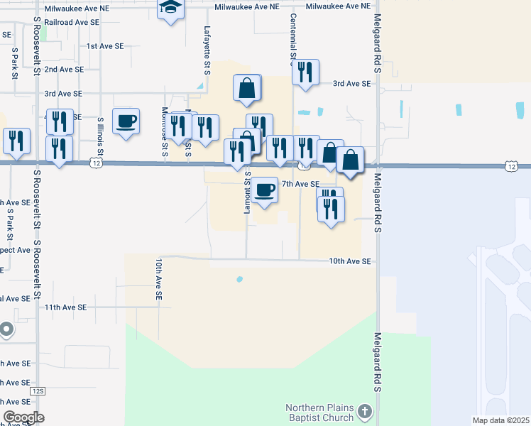 map of restaurants, bars, coffee shops, grocery stores, and more near 3316 7th Avenue Southeast in Aberdeen