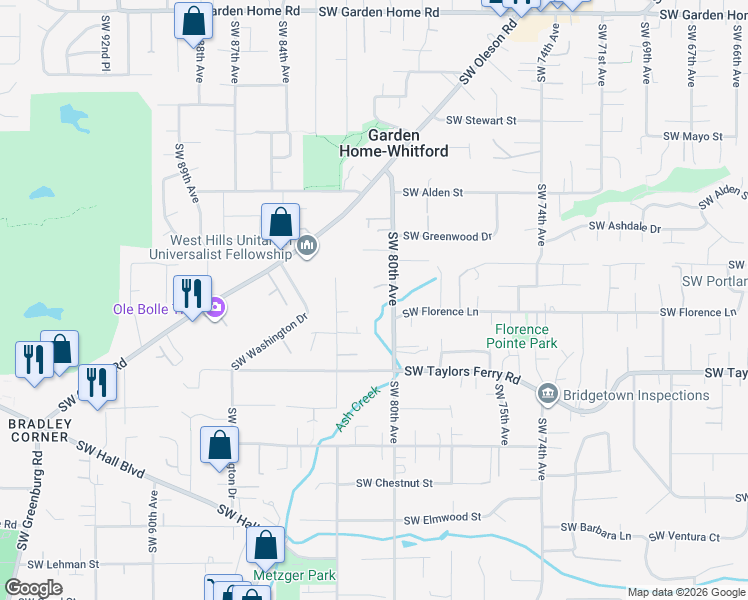 map of restaurants, bars, coffee shops, grocery stores, and more near 8078 Southwest Colin Court in Portland