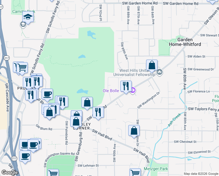 map of restaurants, bars, coffee shops, grocery stores, and more near 8635 Southwest 90th Avenue in Portland
