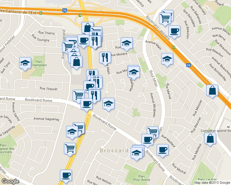 map of restaurants, bars, coffee shops, grocery stores, and more near 7530 Avenue Malo in Brossard