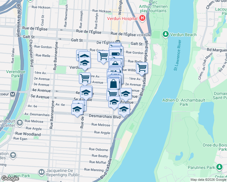 map of restaurants, bars, coffee shops, grocery stores, and more near 4817 Rue Wellington in Montréal