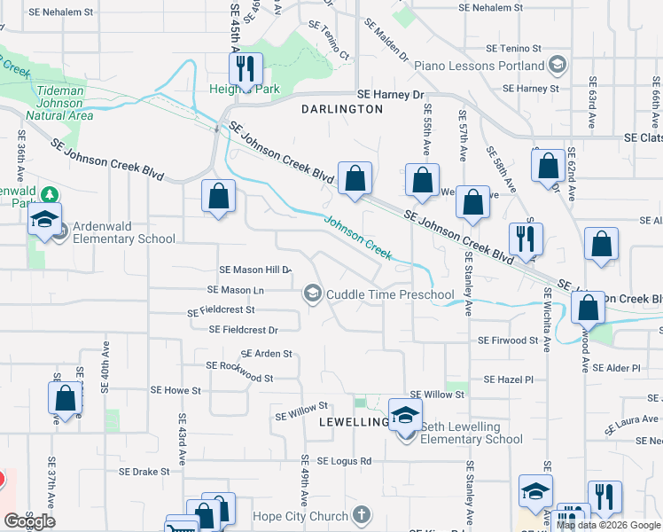 map of restaurants, bars, coffee shops, grocery stores, and more near 4981 Southeast Rainbow Lane in Milwaukie