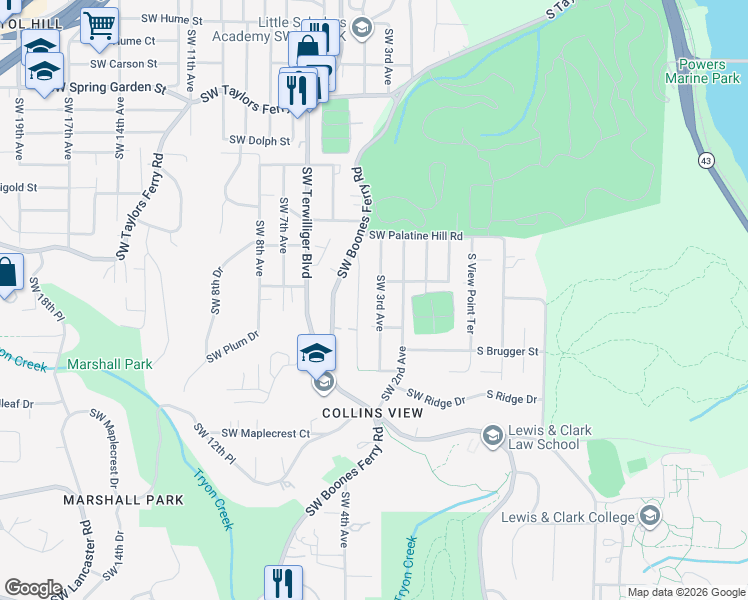 map of restaurants, bars, coffee shops, grocery stores, and more near 9307 Southwest 3rd Avenue in Portland