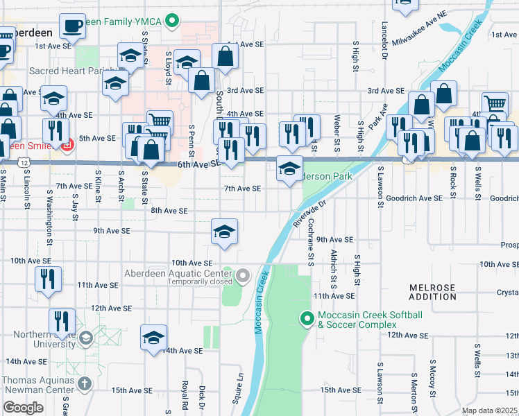 map of restaurants, bars, coffee shops, grocery stores, and more near 706 South Congress Street in Aberdeen