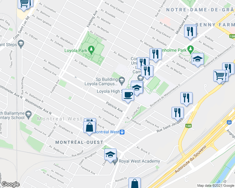 map of restaurants, bars, coffee shops, grocery stores, and more near 3506 Rue West Broadway in Montréal