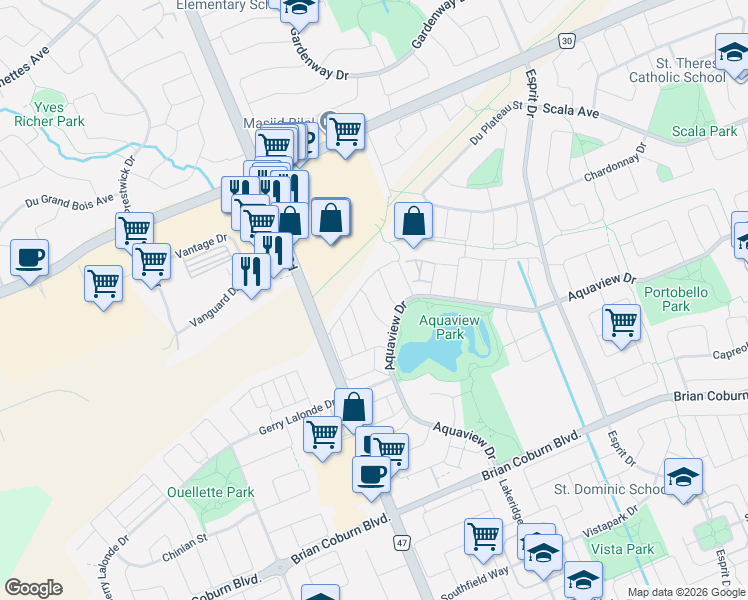 map of restaurants, bars, coffee shops, grocery stores, and more near 415-499 Aquaview Dr in Ottawa