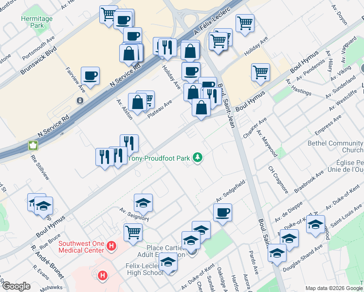 map of restaurants, bars, coffee shops, grocery stores, and more near 244 Boulevard Hymus in Pointe-Claire