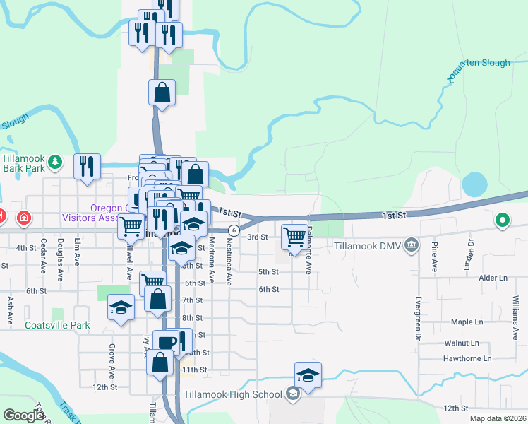 map of restaurants, bars, coffee shops, grocery stores, and more near 2506 1st Street in Tillamook