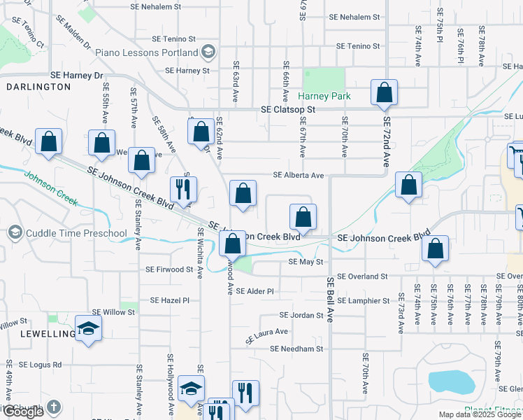map of restaurants, bars, coffee shops, grocery stores, and more near 6440 Southeast Crosswhite Way in Portland
