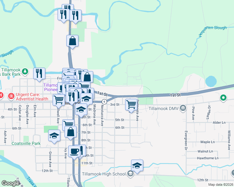 map of restaurants, bars, coffee shops, grocery stores, and more near 2418 1st Street in Tillamook
