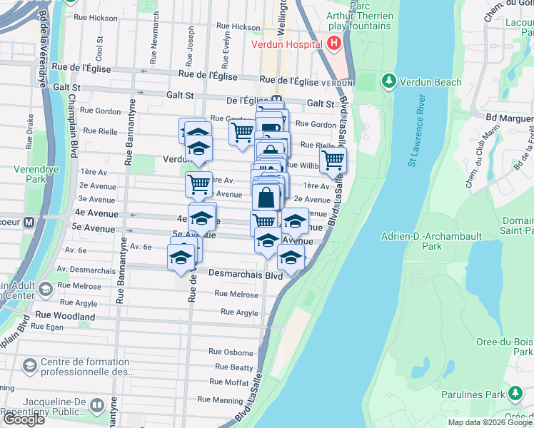 map of restaurants, bars, coffee shops, grocery stores, and more near 4811 Rue Wellington in Montréal