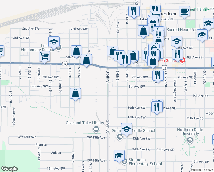 map of restaurants, bars, coffee shops, grocery stores, and more near 804 South 5th Street in Aberdeen