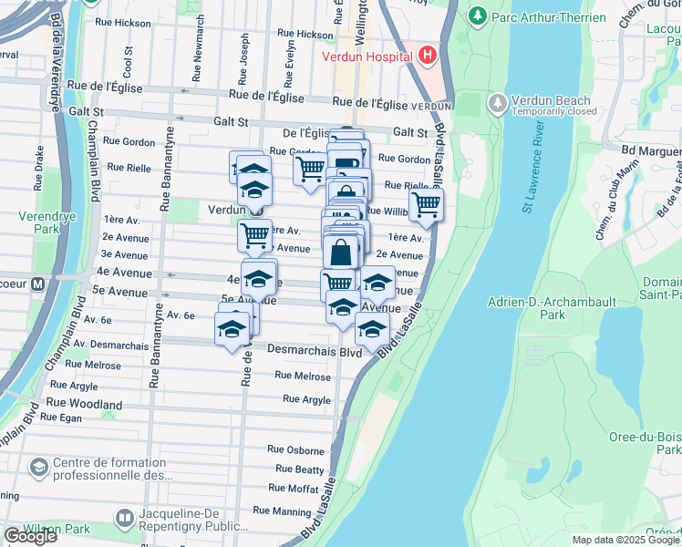 map of restaurants, bars, coffee shops, grocery stores, and more near 4811 Rue Wellington in Montréal