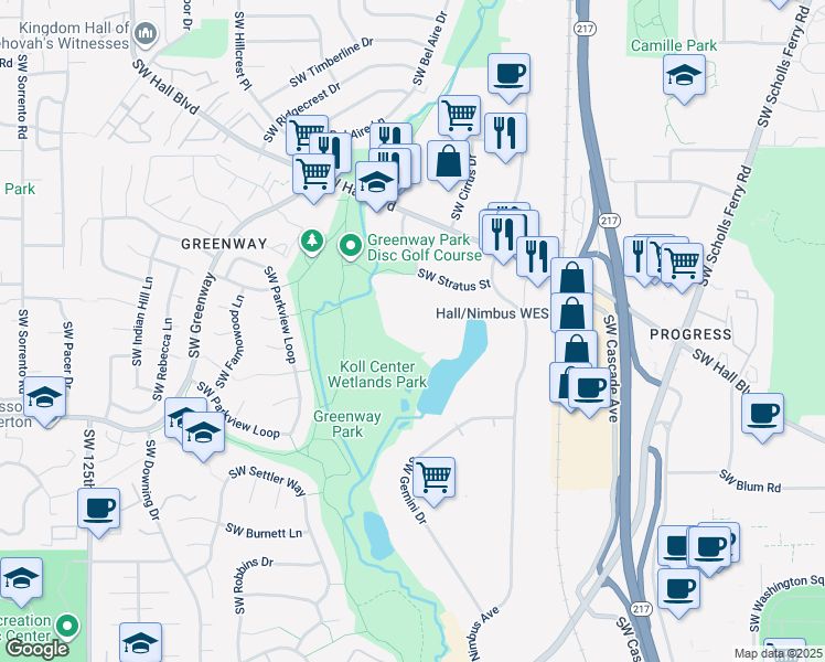map of restaurants, bars, coffee shops, grocery stores, and more near 8700 Southwest Creekside Place in Beaverton