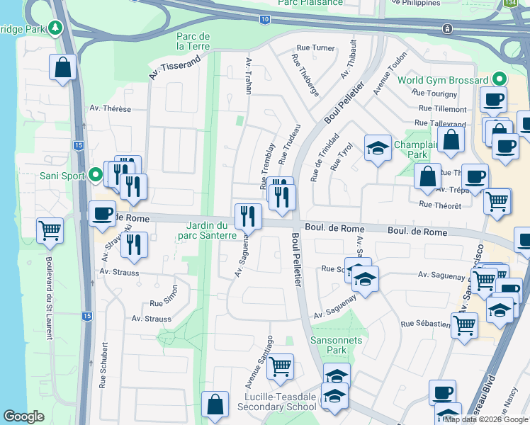 map of restaurants, bars, coffee shops, grocery stores, and more near 1400 Boulevard Rome in Brossard