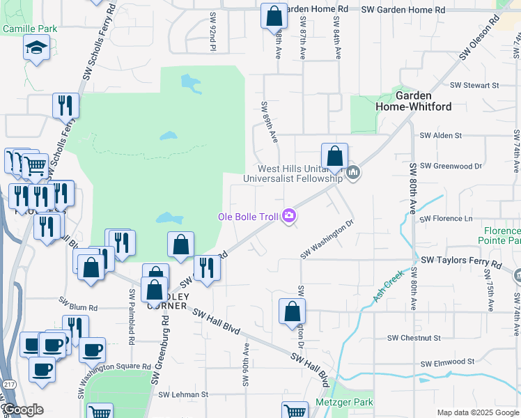 map of restaurants, bars, coffee shops, grocery stores, and more near 8698 Southwest Shawn Place in Portland