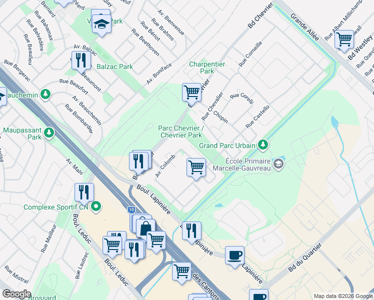 map of restaurants, bars, coffee shops, grocery stores, and more near 4245 Avenue Colomb in Brossard