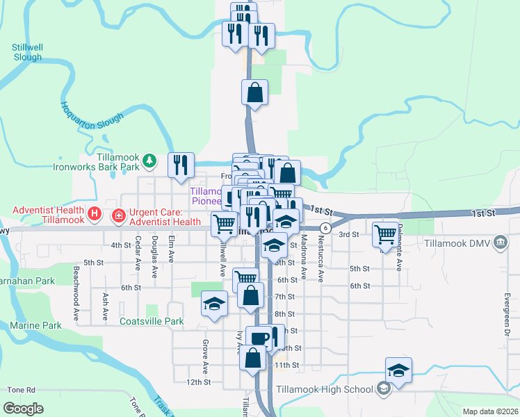 map of restaurants, bars, coffee shops, grocery stores, and more near 115 Main Avenue in Tillamook