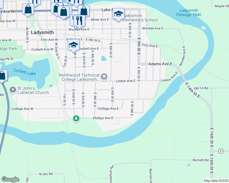 map of restaurants, bars, coffee shops, grocery stores, and more near 805 East 6th Street South in Ladysmith