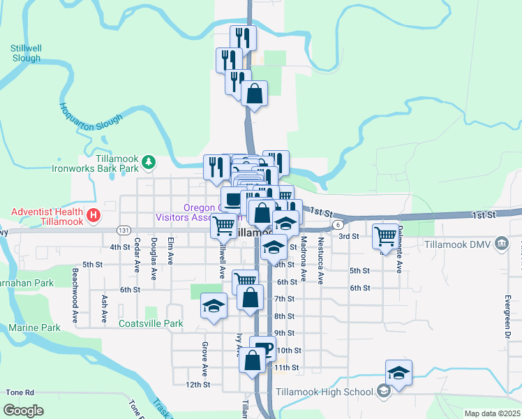 map of restaurants, bars, coffee shops, grocery stores, and more near 2101-2199 Wilson River Highway in Tillamook