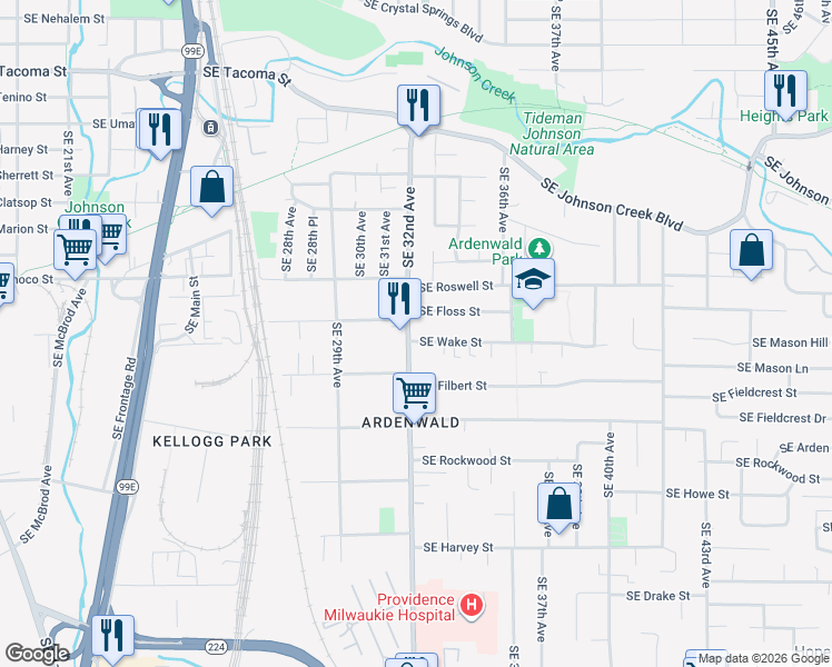 map of restaurants, bars, coffee shops, grocery stores, and more near 9020 Southeast 32nd Avenue in Milwaukie
