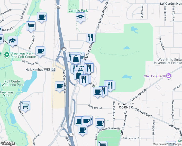 map of restaurants, bars, coffee shops, grocery stores, and more near 8900 Southwest Scholls Ferry Road in Beaverton