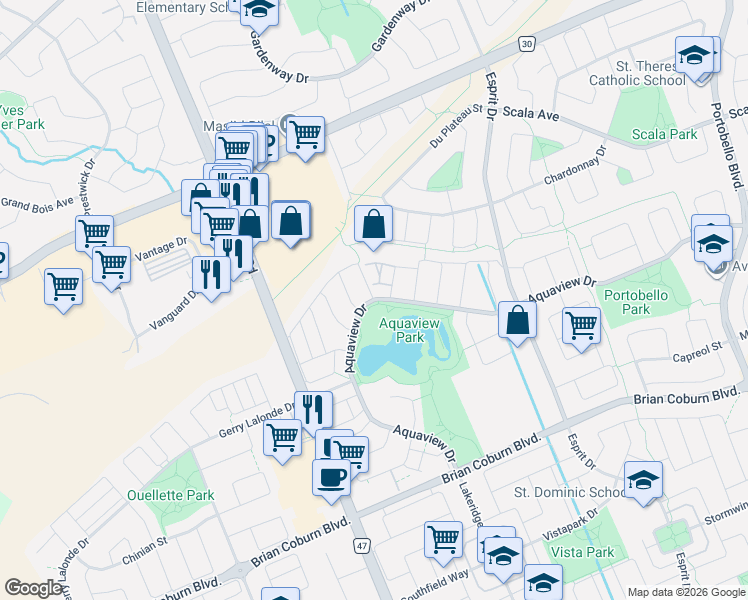 map of restaurants, bars, coffee shops, grocery stores, and more near 499 Aquaview Drive in Ottawa