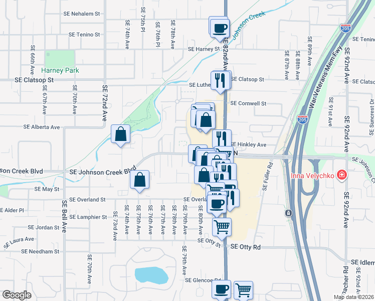 map of restaurants, bars, coffee shops, grocery stores, and more near 7919 Southeast Johnson Creek Boulevard in Portland