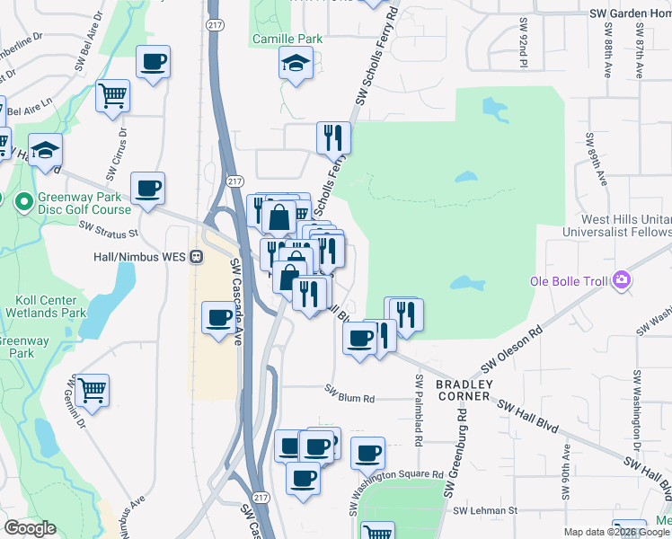 map of restaurants, bars, coffee shops, grocery stores, and more near 8900 Southwest Scholls Ferry Road in Beaverton
