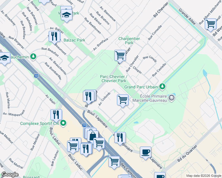 map of restaurants, bars, coffee shops, grocery stores, and more near 4605 Avenue Colomb in Brossard
