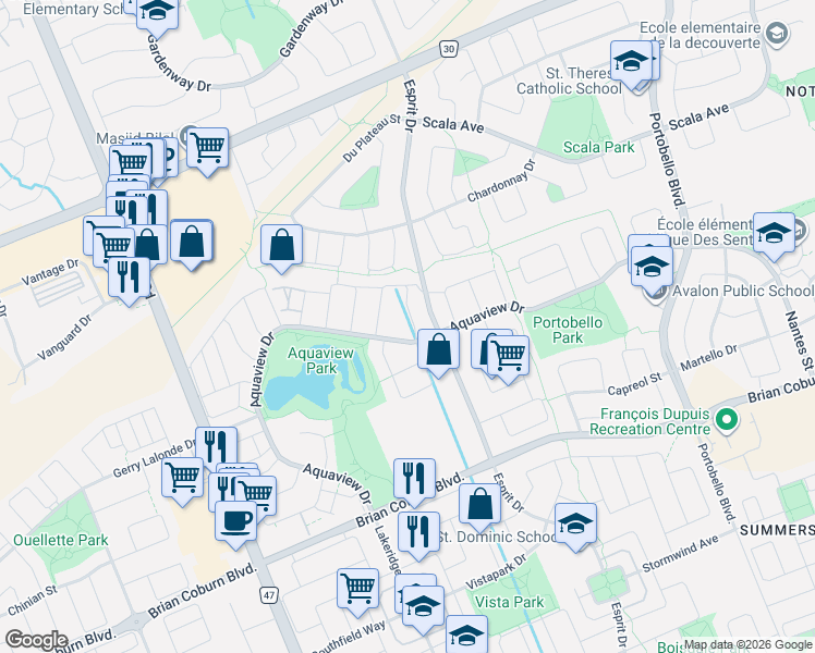 map of restaurants, bars, coffee shops, grocery stores, and more near 2213 Brockstone Crescent in Ottawa