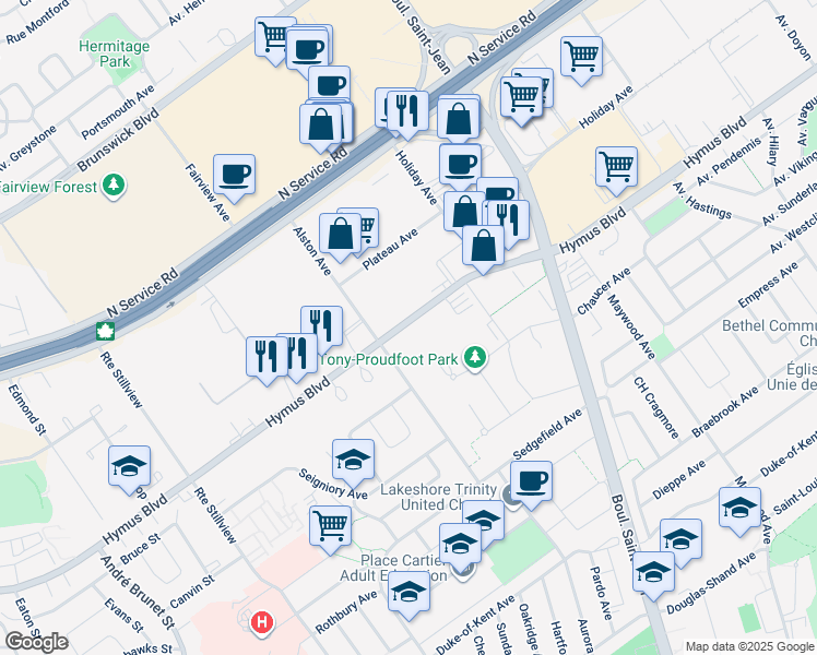 map of restaurants, bars, coffee shops, grocery stores, and more near 248 Boulevard Hymus in Pointe-Claire