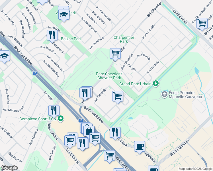 map of restaurants, bars, coffee shops, grocery stores, and more near 4605 Avenue Colomb in Brossard