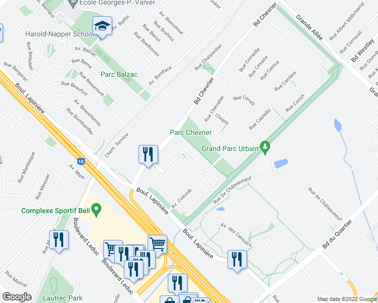map of restaurants, bars, coffee shops, grocery stores, and more near 4245 Avenue Colomb in Brossard
