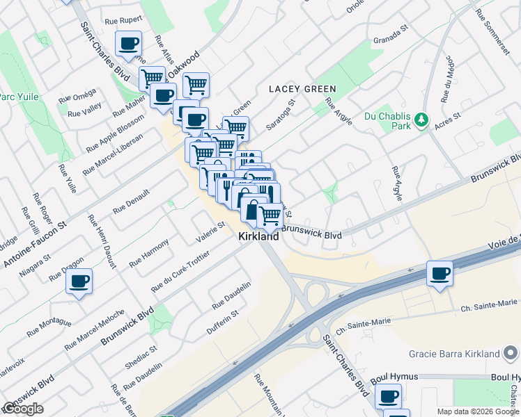 map of restaurants, bars, coffee shops, grocery stores, and more near 3535 Boulevard Saint-Charles in Kirkland
