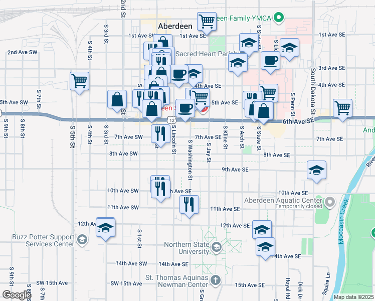 map of restaurants, bars, coffee shops, grocery stores, and more near 121 8th Avenue Southeast in Aberdeen