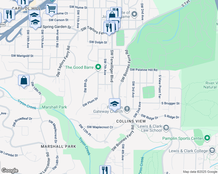 map of restaurants, bars, coffee shops, grocery stores, and more near 618 Southwest Alice Street in Portland