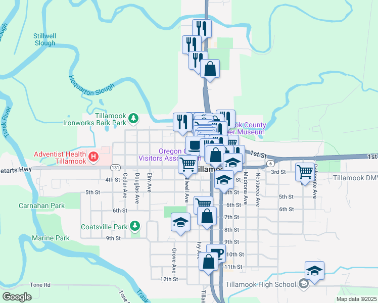 map of restaurants, bars, coffee shops, grocery stores, and more near 105 Stillwell Ave in Tillamook