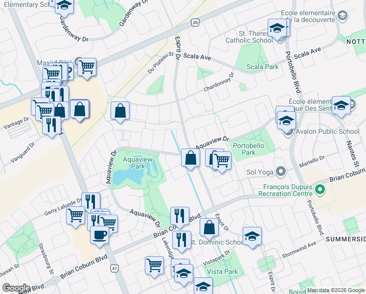 map of restaurants, bars, coffee shops, grocery stores, and more near 2205 Brockstone Crescent in Ottawa