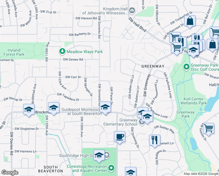 map of restaurants, bars, coffee shops, grocery stores, and more near 8625 Southwest Pacer Court in Beaverton