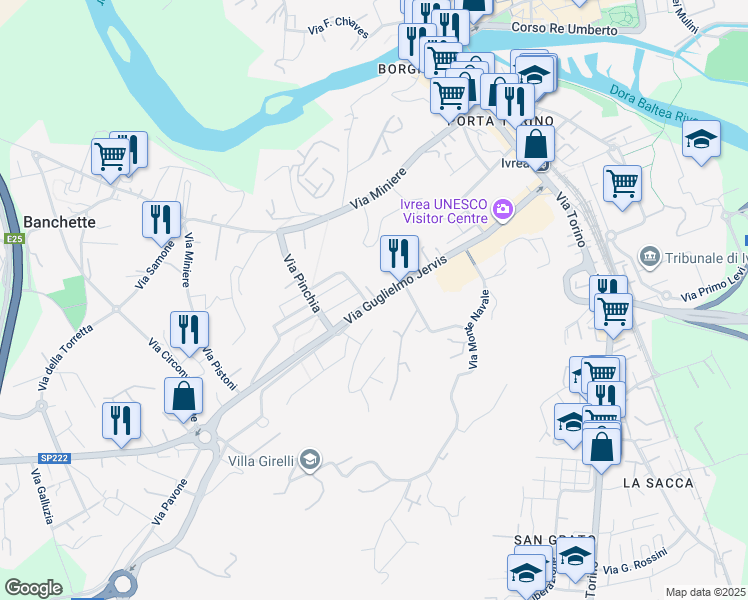 map of restaurants, bars, coffee shops, grocery stores, and more near Via G. Jervis in Ivrea