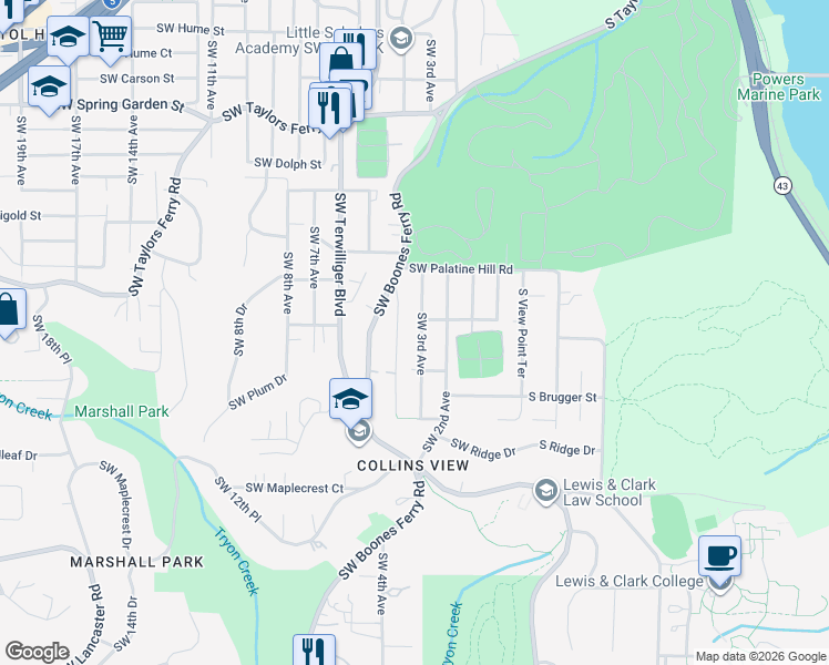 map of restaurants, bars, coffee shops, grocery stores, and more near 9307 Southwest 3rd Avenue in Portland