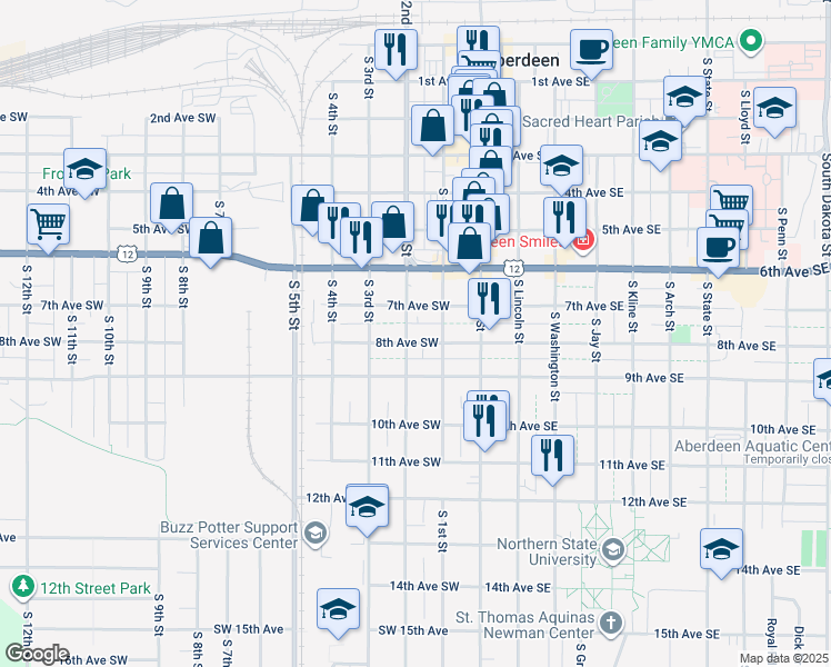map of restaurants, bars, coffee shops, grocery stores, and more near 108 8th Avenue Southeast in Aberdeen