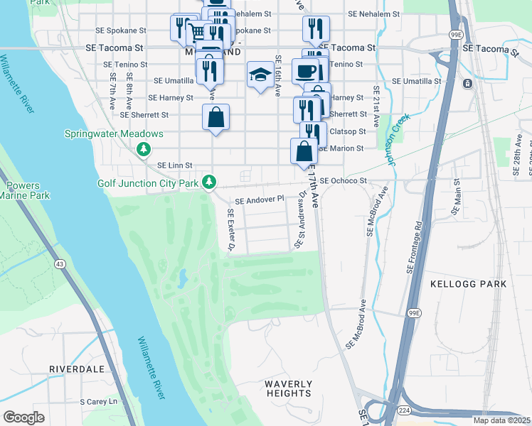 map of restaurants, bars, coffee shops, grocery stores, and more near 604 Southeast Andover Place in Portland