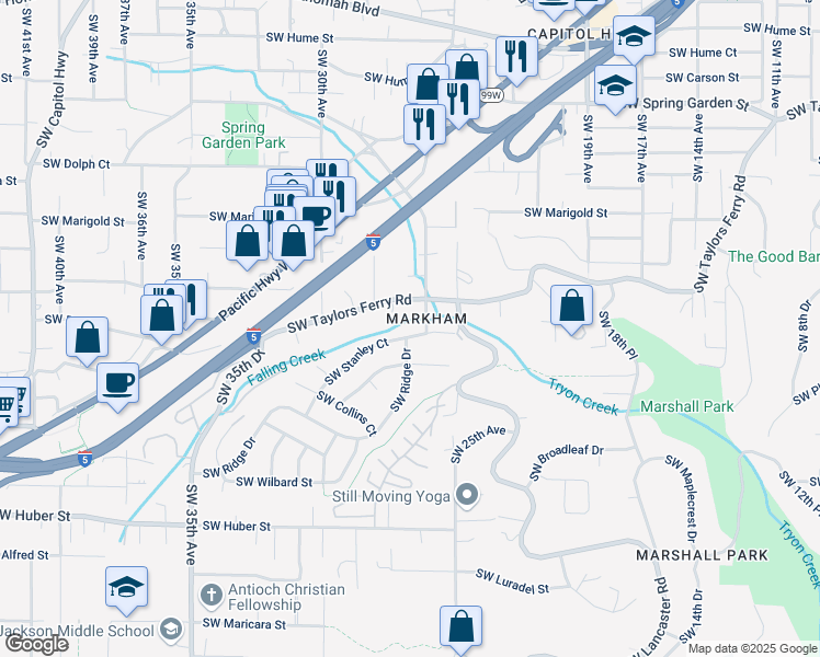 map of restaurants, bars, coffee shops, grocery stores, and more near 2625 Southwest Stanley Court in Portland
