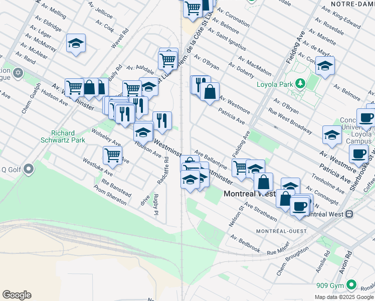 map of restaurants, bars, coffee shops, grocery stores, and more near in Montreal West