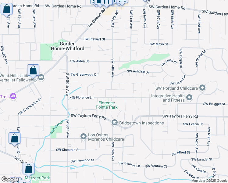 map of restaurants, bars, coffee shops, grocery stores, and more near 7370 Southwest Lara Street in Portland