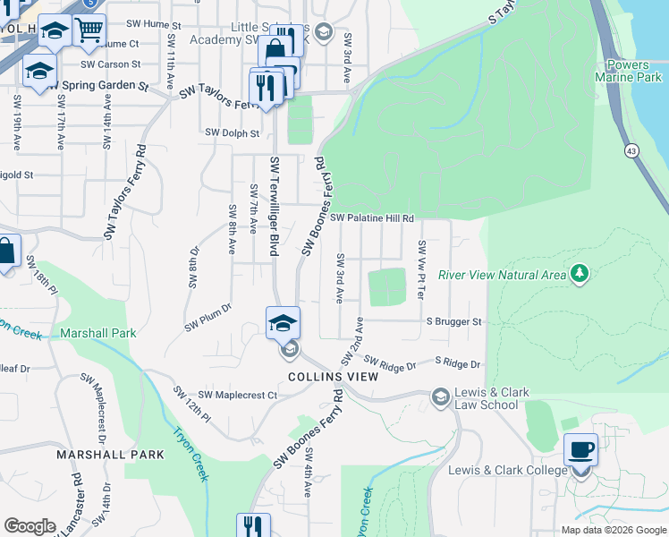 map of restaurants, bars, coffee shops, grocery stores, and more near 9307 Southwest 3rd Avenue in Portland