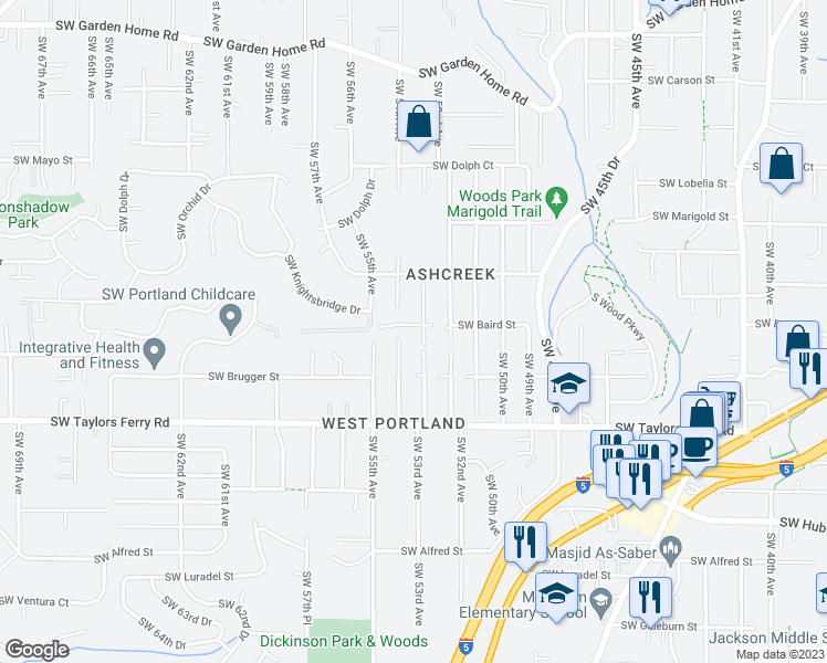map of restaurants, bars, coffee shops, grocery stores, and more near 5314 Southwest Baird Street in Portland