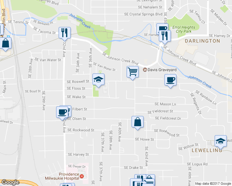 map of restaurants, bars, coffee shops, grocery stores, and more near 9007 SE 39th Ave in Milwaukie